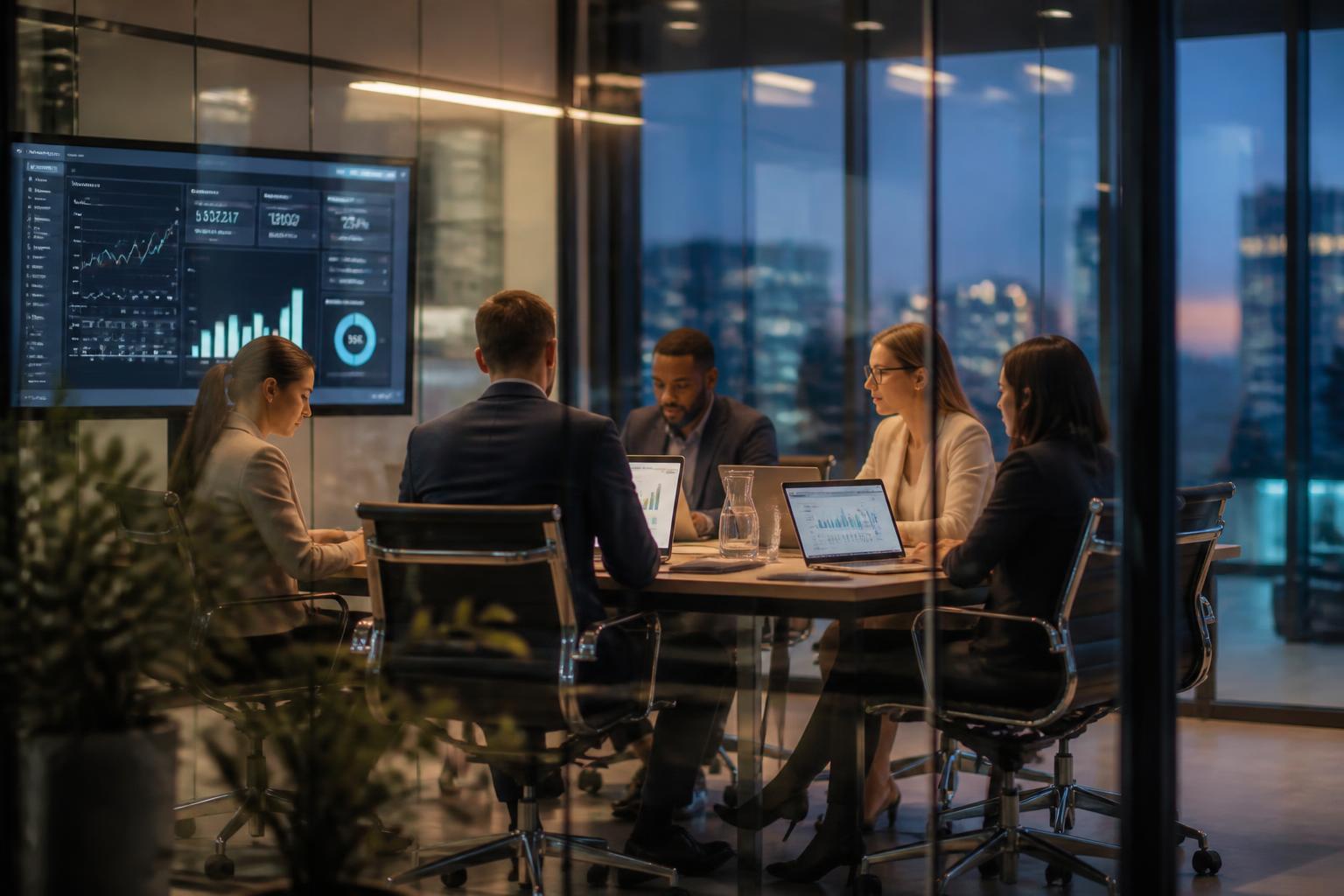 Technology leadership team reviewing commercial performance in a modern enterprise office